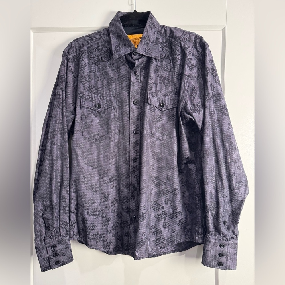 Enzo denim western button up shirt embroidered details square buttons flawed